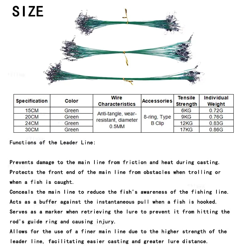 Super Strong Tensile Force anti Bite Steel Fishing Line Steel Wire Leader with Rotating Snaps Fishing Lead Wire 200/100/60/20Pcs